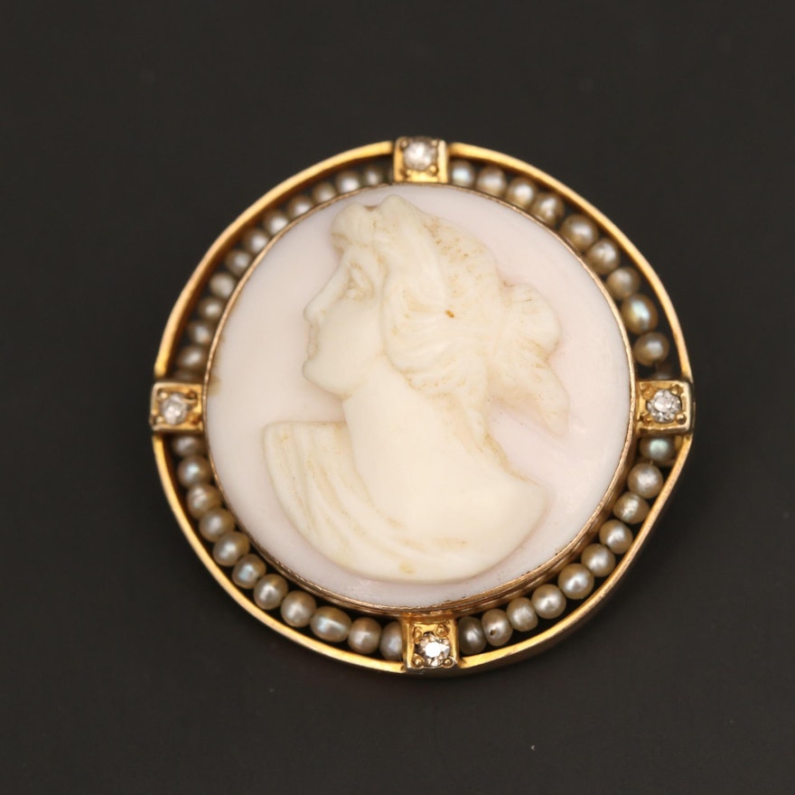 Victorian 10K Yellow Gold Conch Shell, Diamond and See Pearl Cameo Brooch