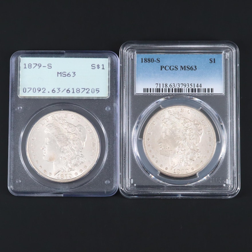 Two PCGS Graded MS63 Silver Morgan Dollars Including an 1879-S