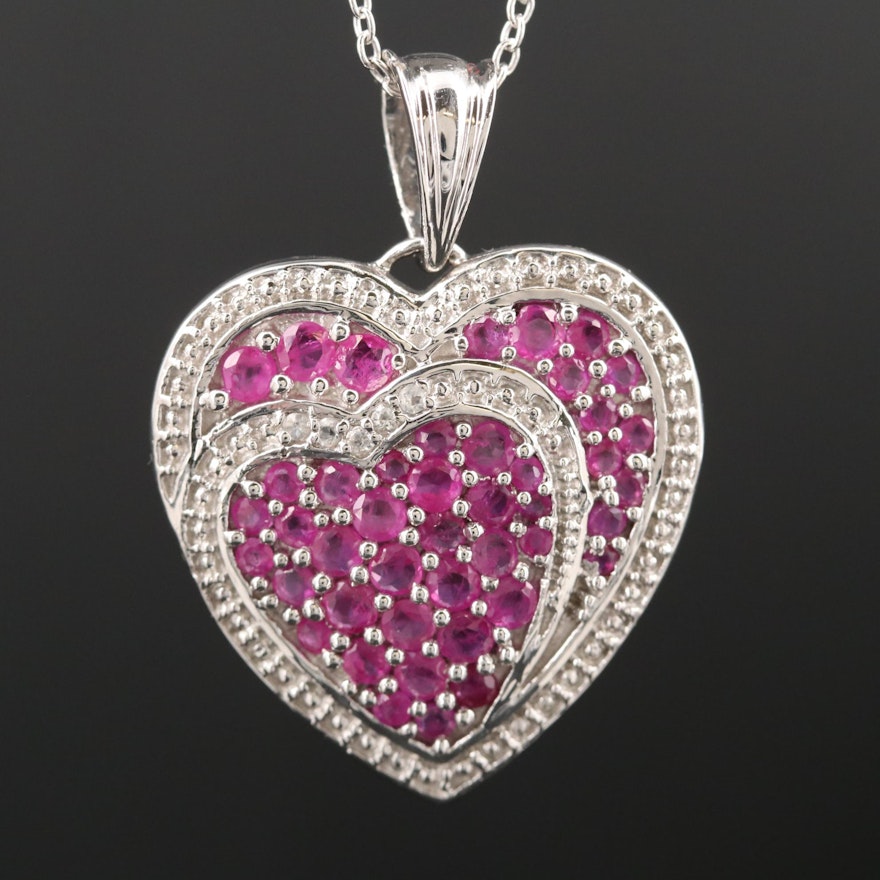 Sterling Silver Two-Hearted Ruby and White Topaz Pendant Necklace