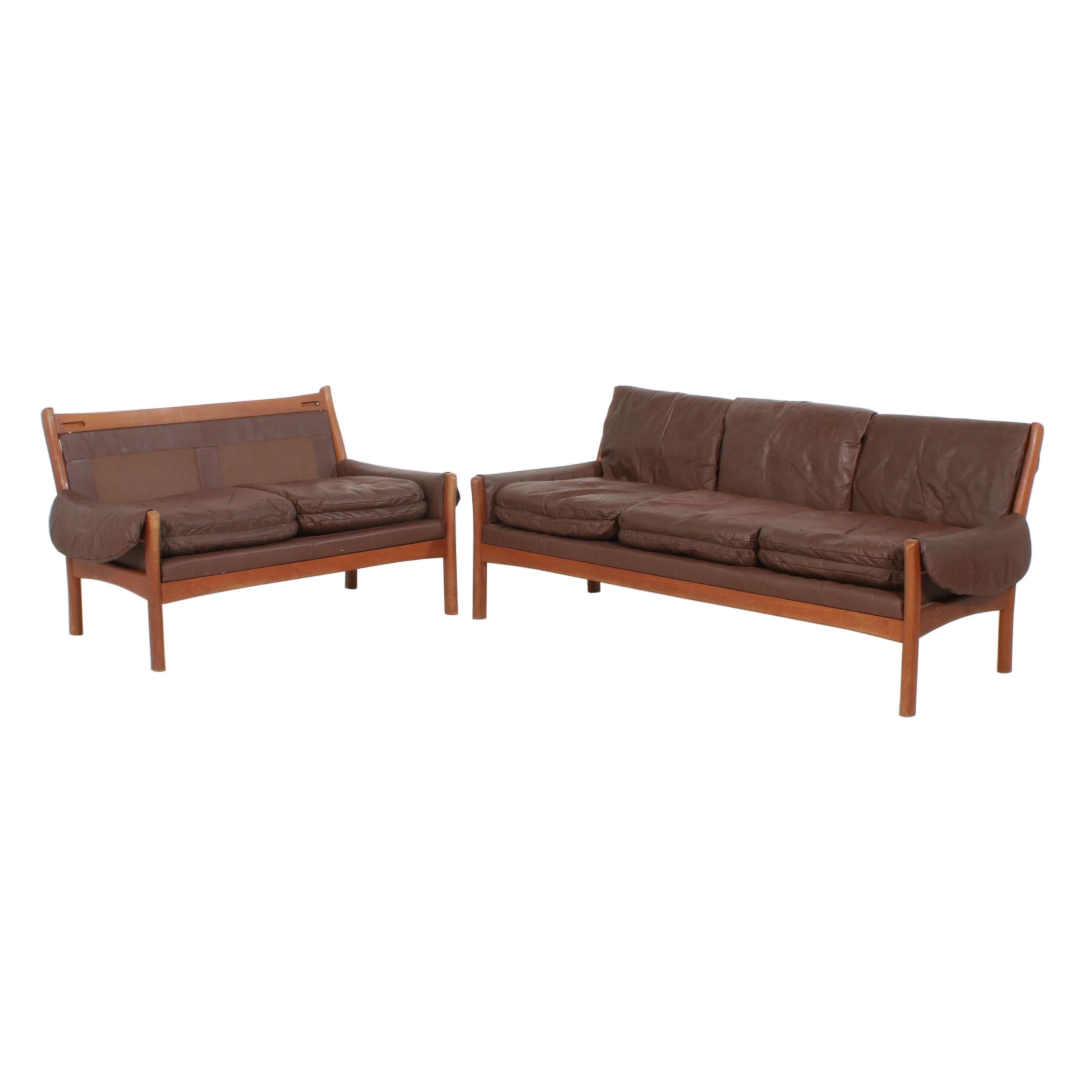 Dyrlund Danish Modern Teak and Leather Sofa and Loveseat, Mid 20th Century