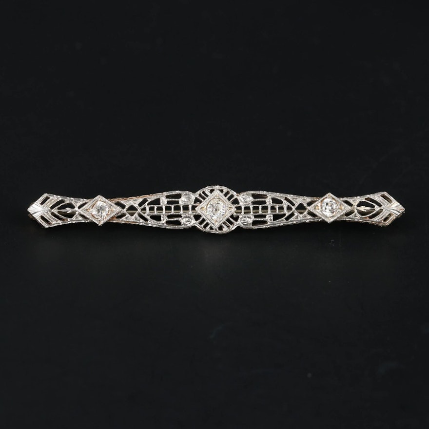 Edwardian 14K White Gold Diamond Bar Brooch With Platinum Accents