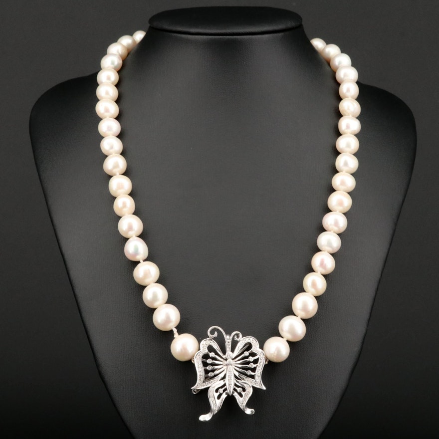 18K White Gold and Diamond and Cultured Pearl Butterfly Necklace