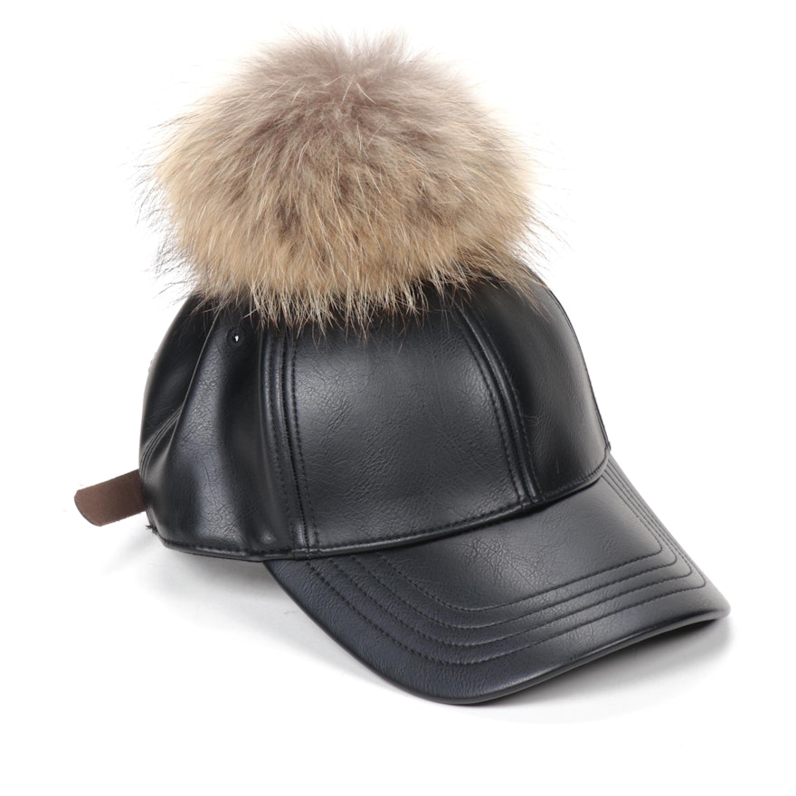 Furtalk Black Leather Ball Cap with Removable Fox Fur Pompom