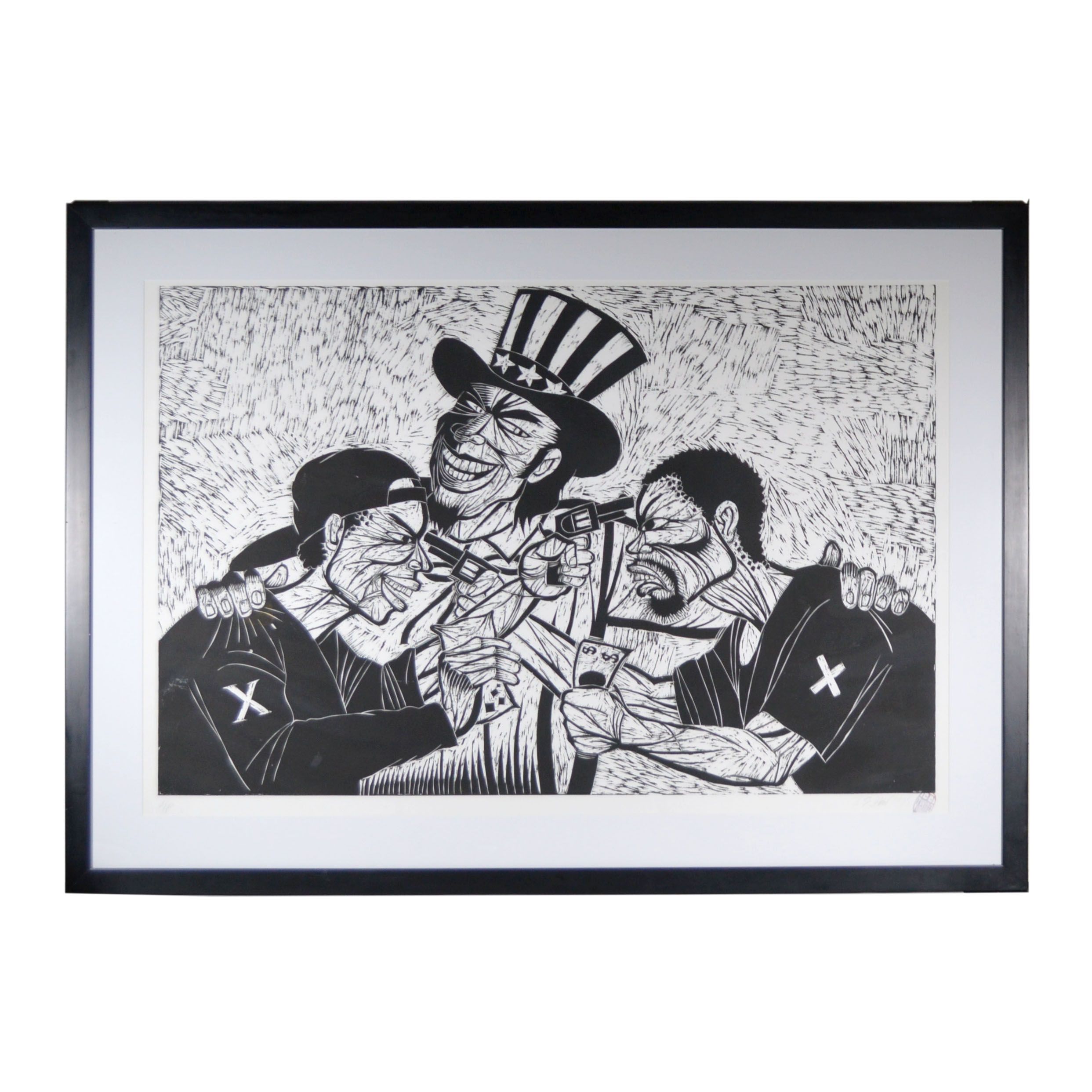 Thom Shaw Woodblock of Uncle Sam and Two Men, 1995