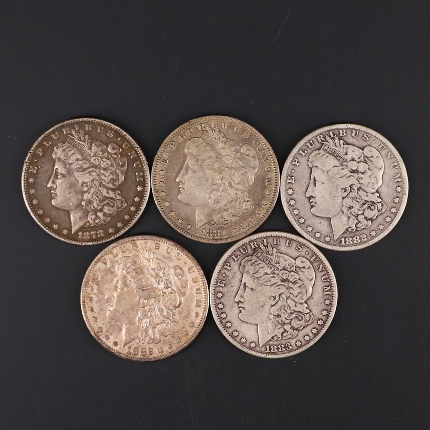Five Silver Morgan Dollars Including 1878-S, 1881-O, 1882, 1882-S, and 1883
