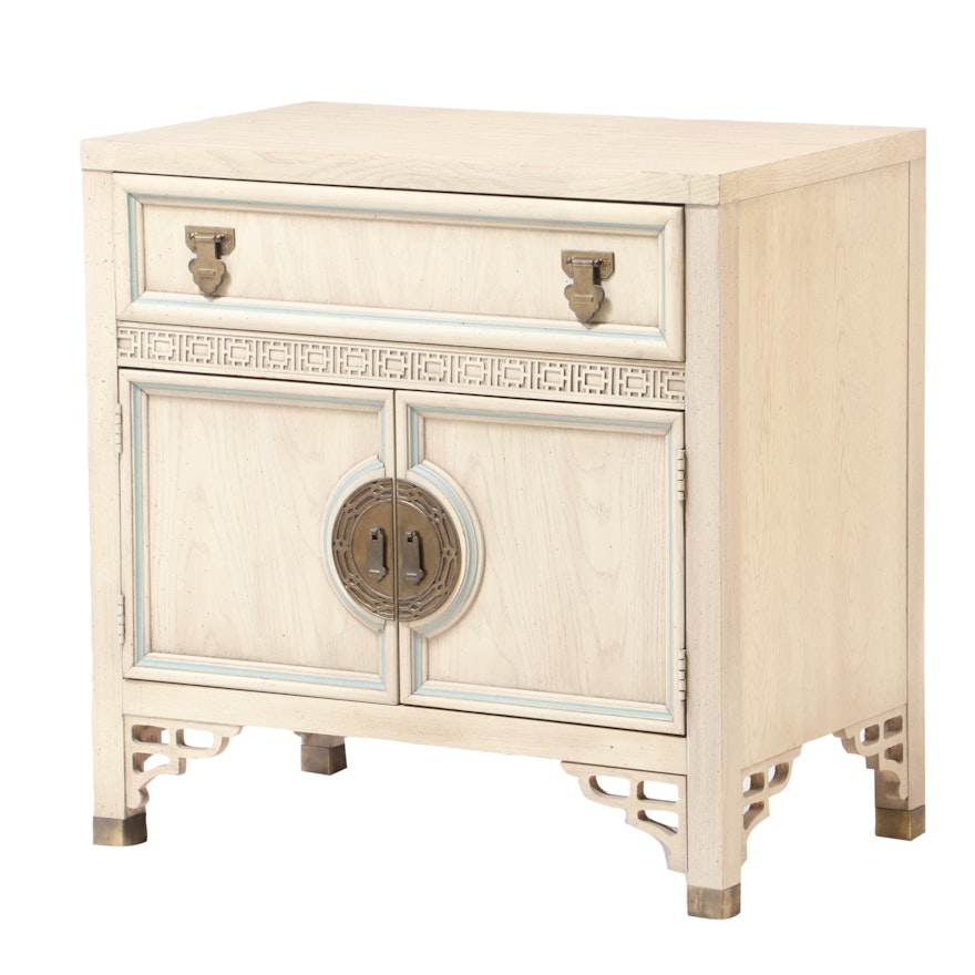 Dixie Furniture, "Shangri-La" White-Washed and Blue-Trimmed Bedside Cabinet