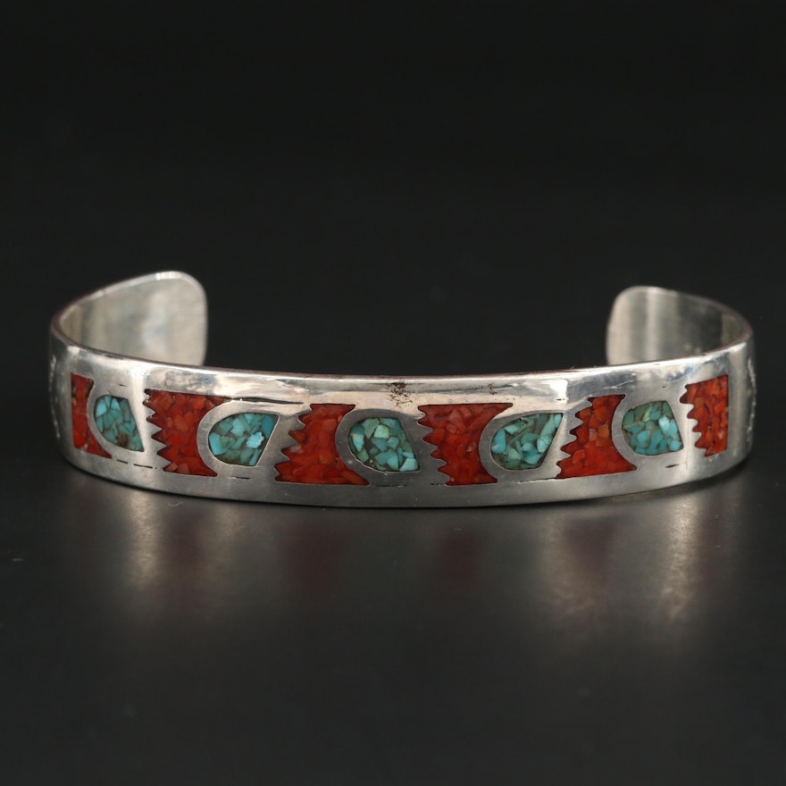 Southwestern Sterling Silver Turquoise and Coral Cuff Bracelet