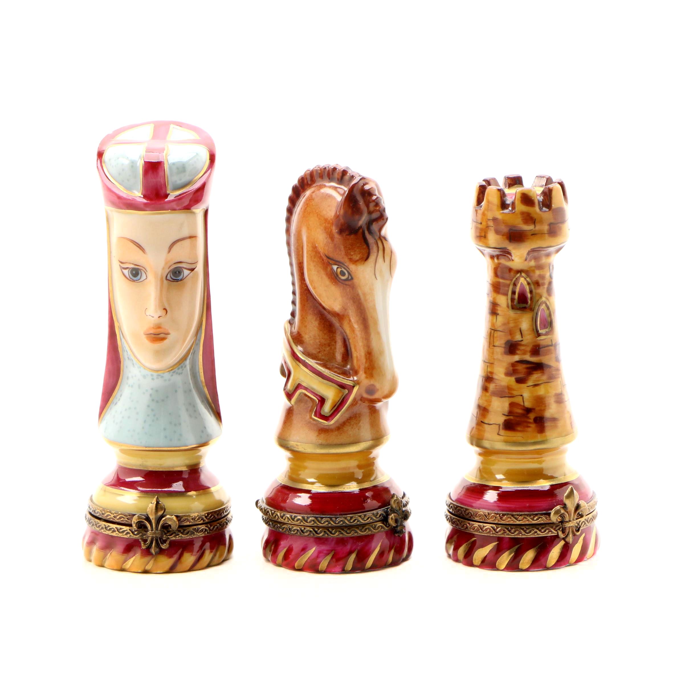 Rochard Limoges Porcelain Chess Pieces Tabetiere Trinket Boxes