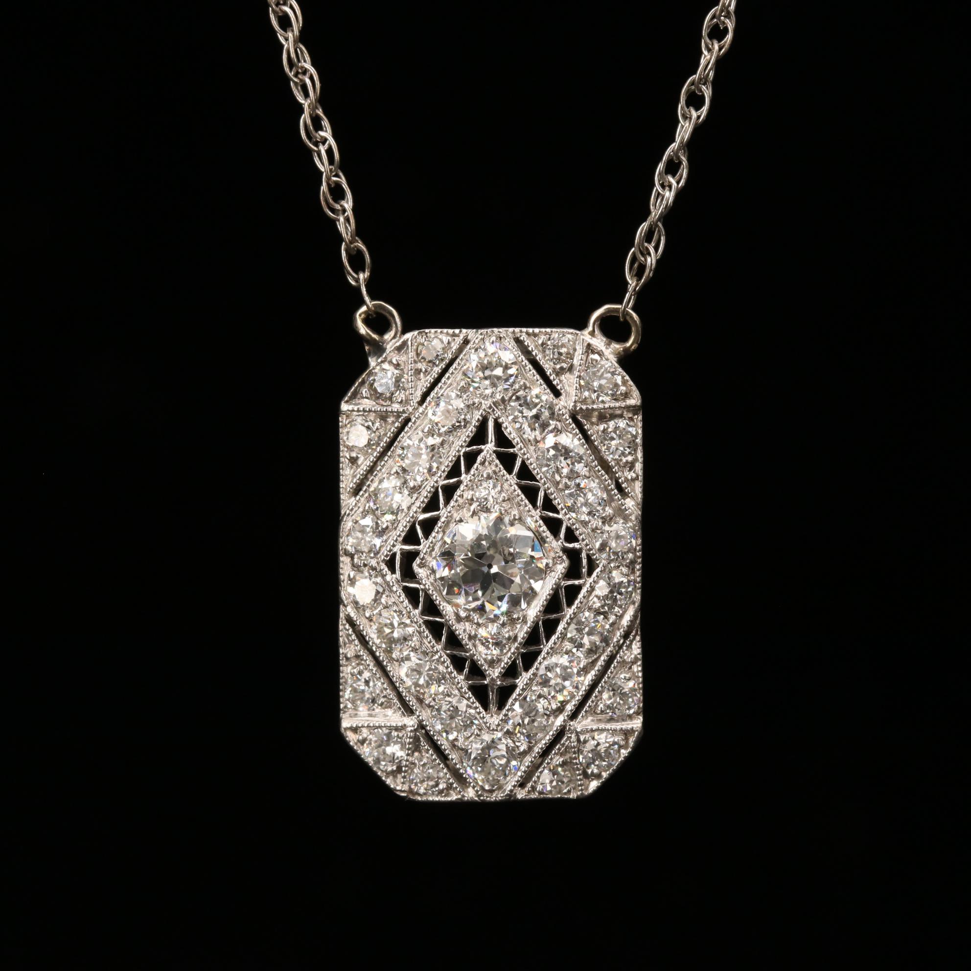 Vintage Platinum 1.04 CTW Diamond Pendant on 14K Gold Singapore Chain Necklace