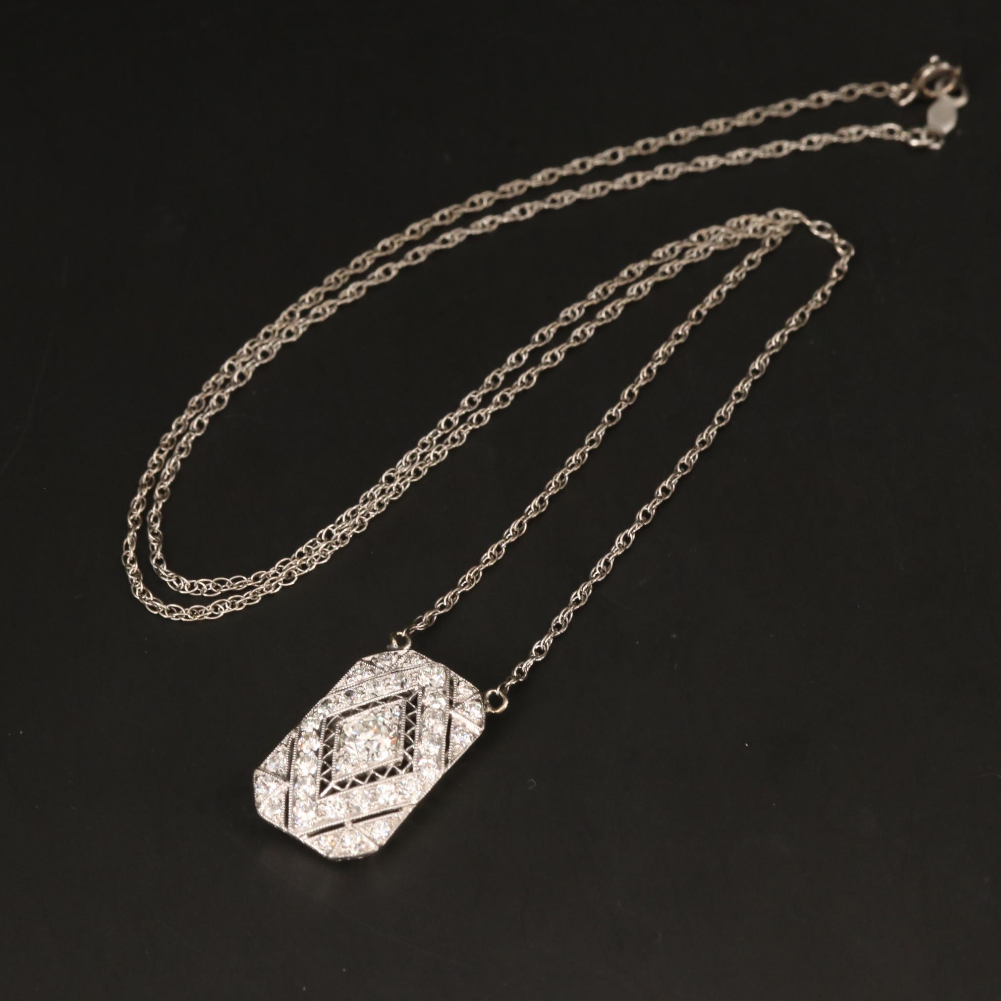 Vintage Platinum 1.04 CTW Diamond Pendant on 14K Gold Singapore Chain Necklace