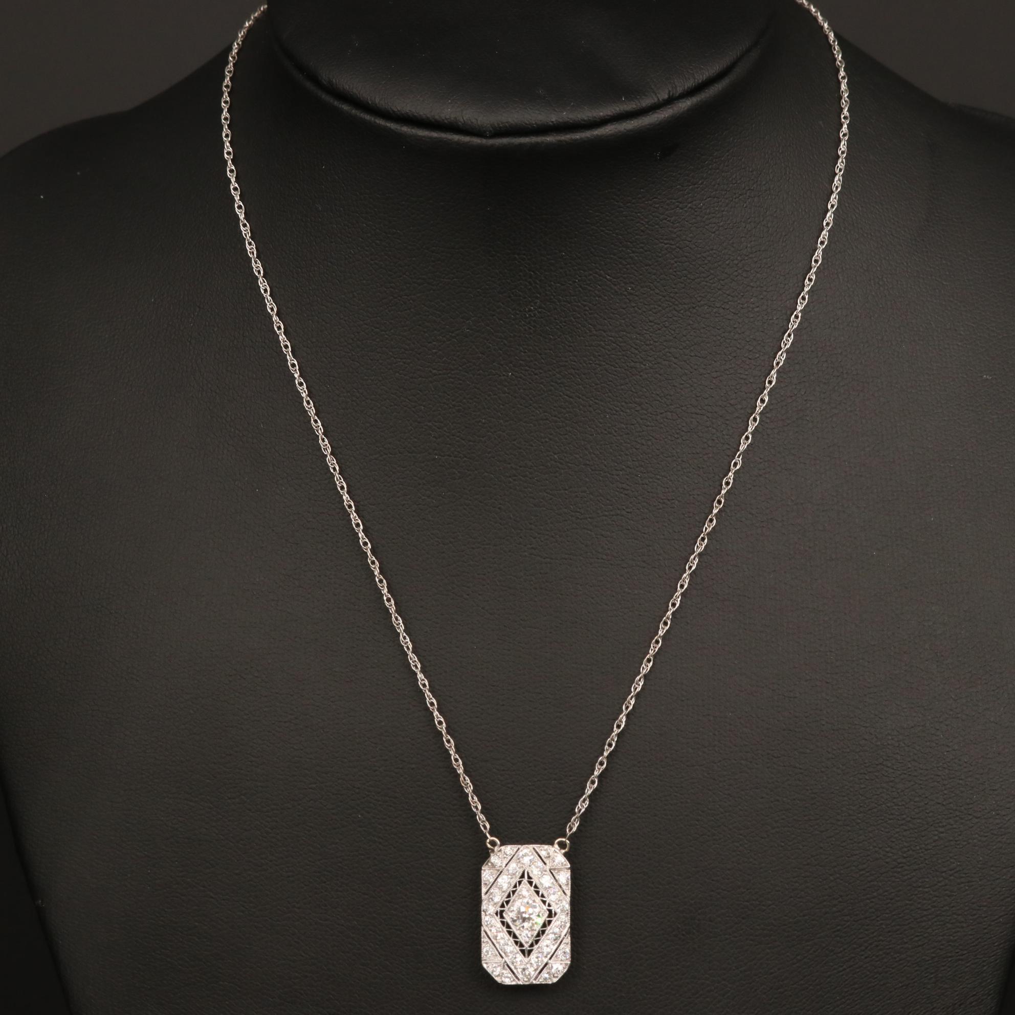 Vintage Platinum 1.04 CTW Diamond Pendant on 14K Gold Singapore Chain Necklace