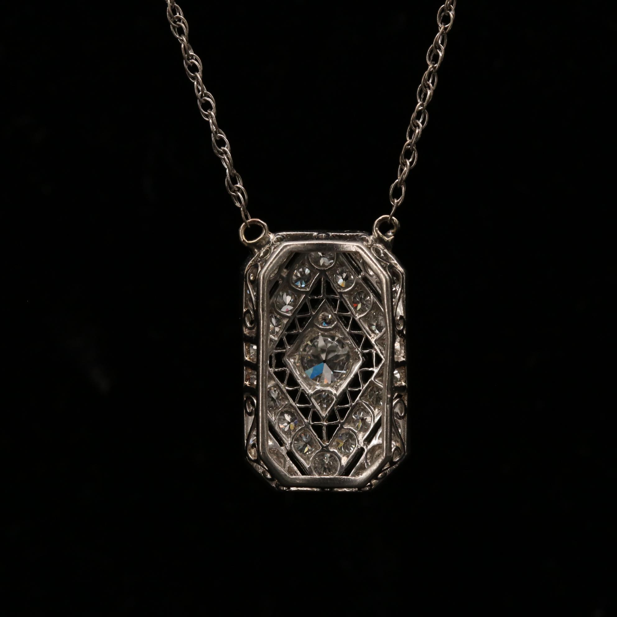 Vintage Platinum 1.04 CTW Diamond Pendant on 14K Gold Singapore Chain Necklace