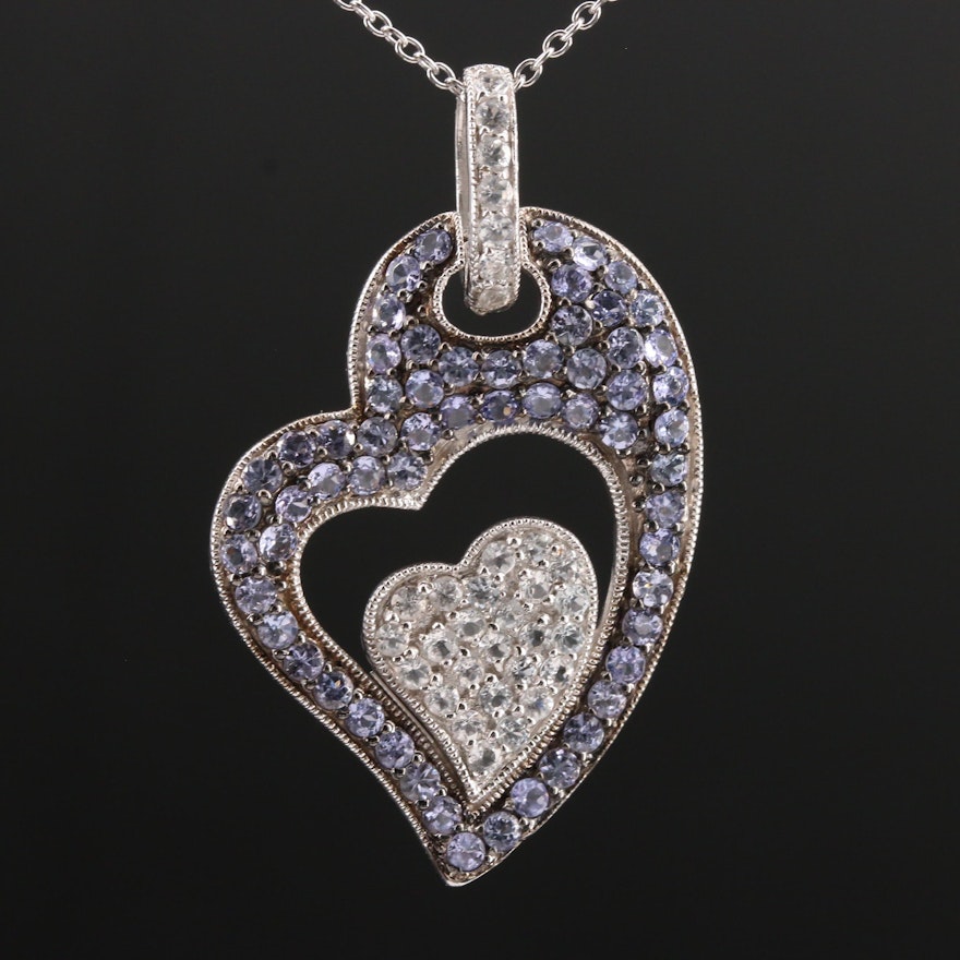 Sterling Silver White Topaz and Tanzanite Double Heart Pendant Necklace