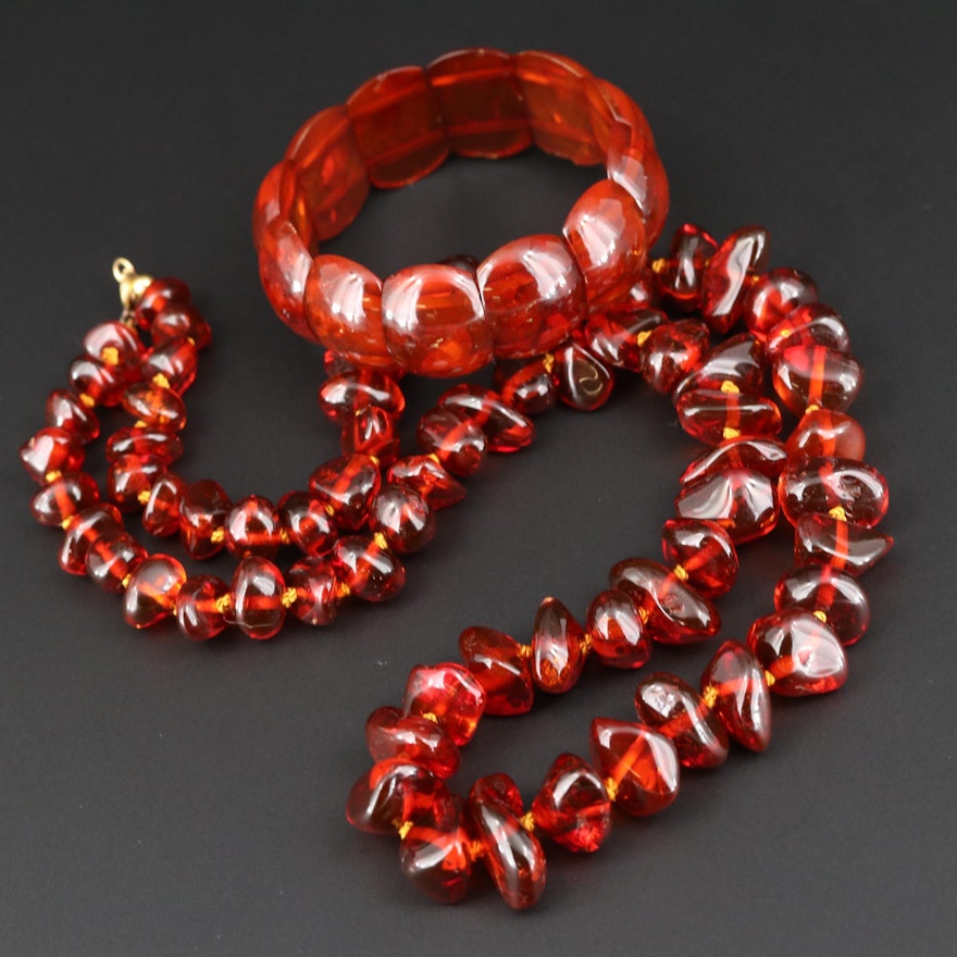 Beaded Amber Necklace and Expandable Bracelet