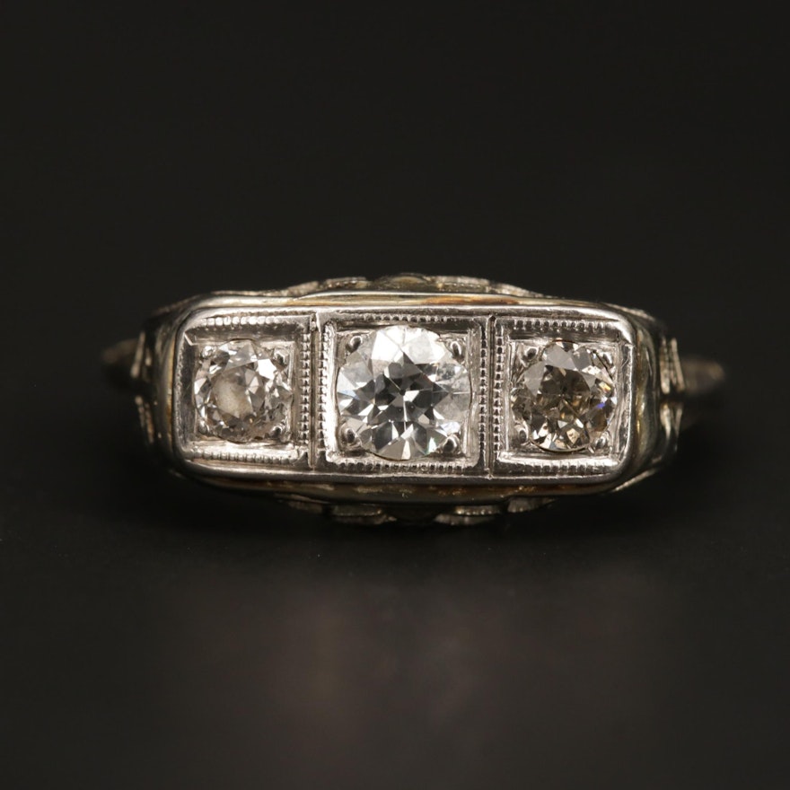 Vintage 18K White Gold Diamond Filigree Ring