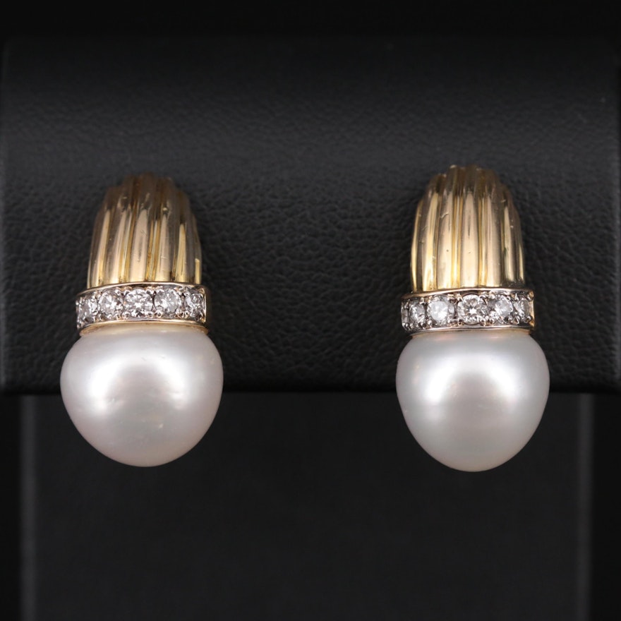 14K Yellow Gold Cultured Pearl and Diamond Earrings