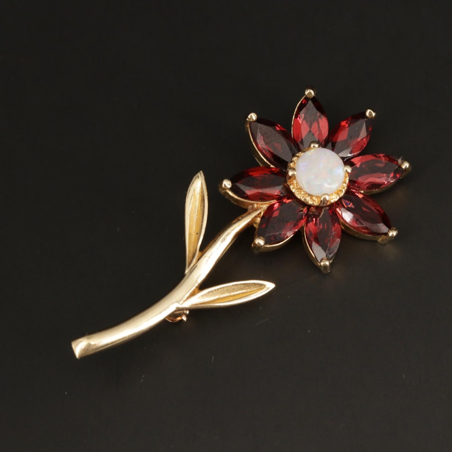 14K Yellow Gold Opal and Garnet Floral Brooch