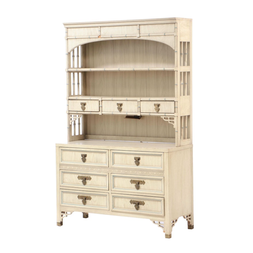 Dixie Furniture, "Shangri-La" White-Washed and Blue-Trimmed Low Chest with Hutch