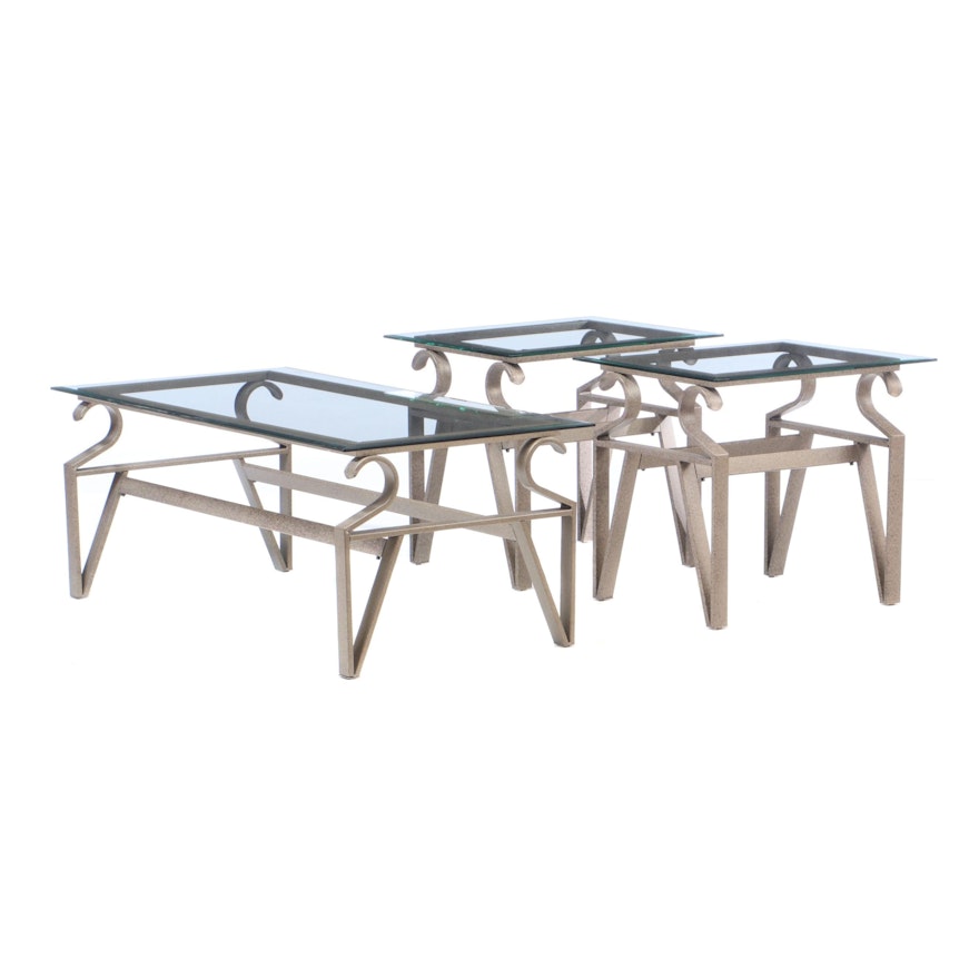 Glass Top Scrolled Metal Coffee Table and End Tables, Contemporary