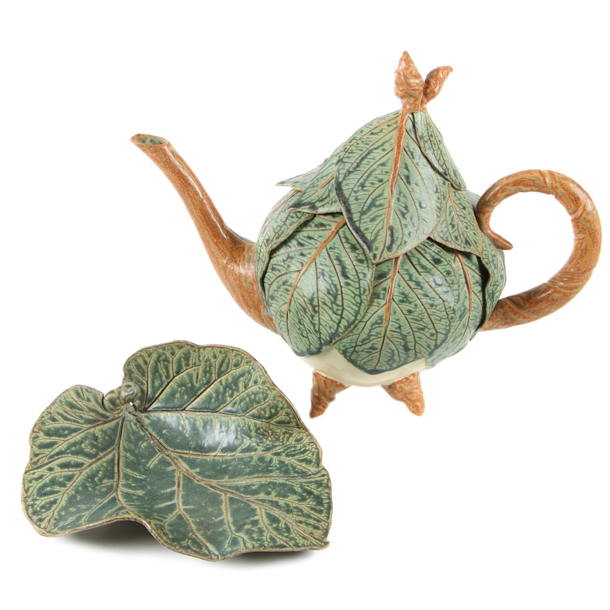 Lynn Fisher Pottery Leaf Teapot and Plate