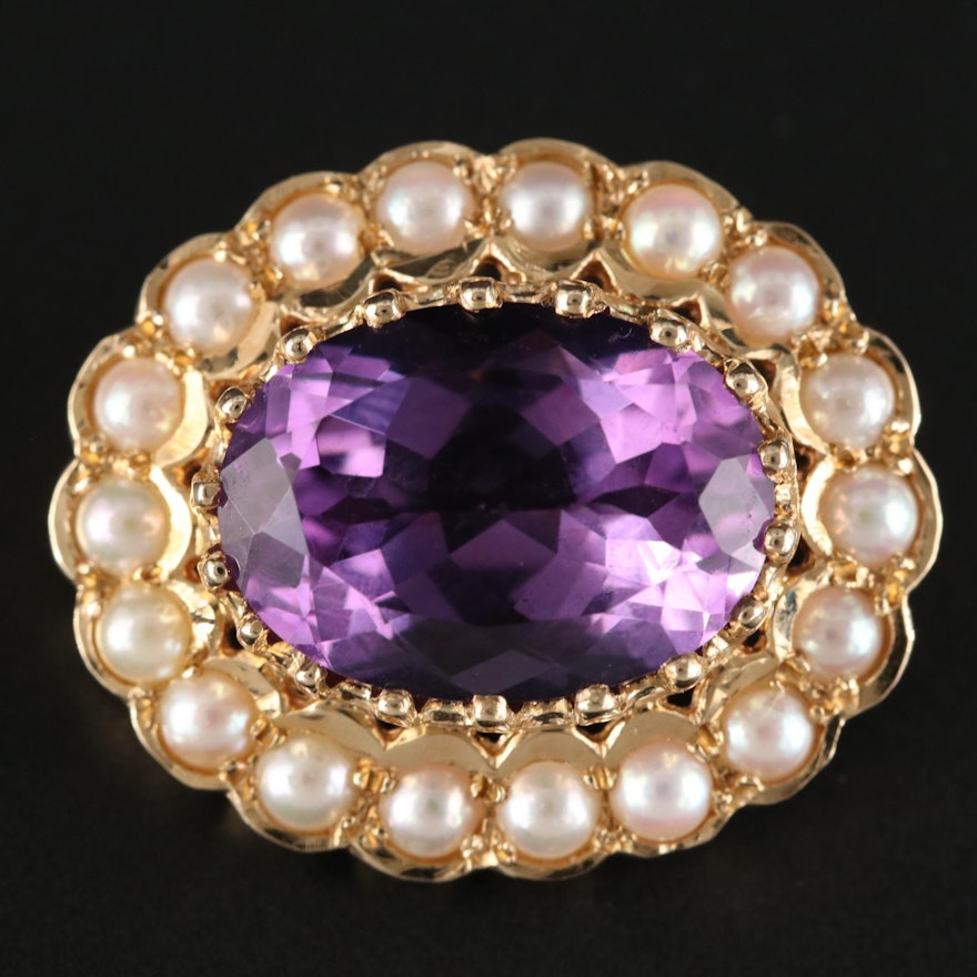 English 14K Yellow Gold Amethyst and Cultured Pearl Brooch