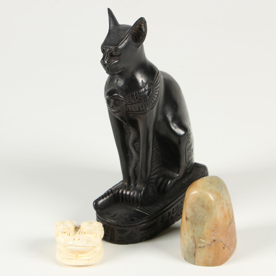 Egyptian Carved Resin Cat Figurine, Chinese Polished Stone Stamp and More