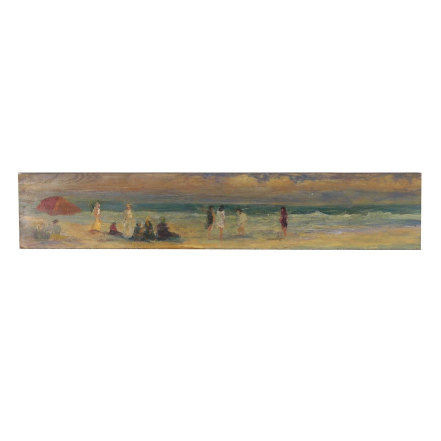 Panoramic Beach Scene Oil Painting, Mid to Late 20th Century