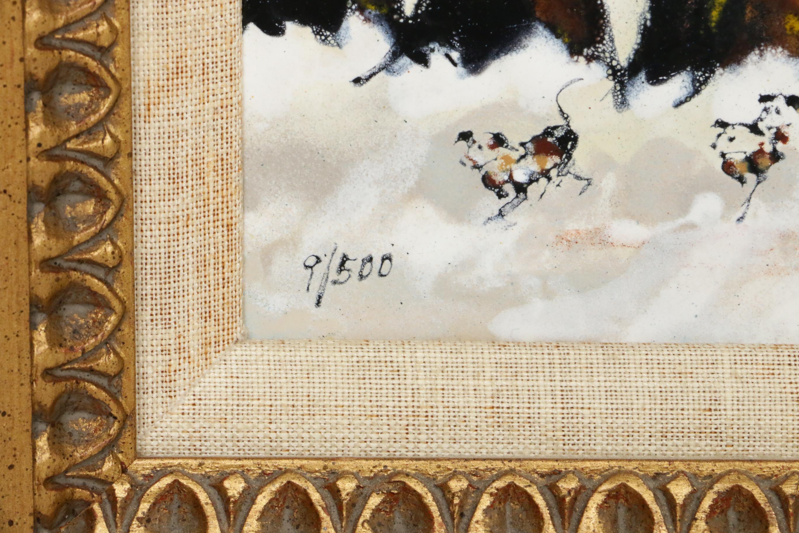 Betty Chou Winter Fox Hunt Enamel Painting on Copper, 20th Century