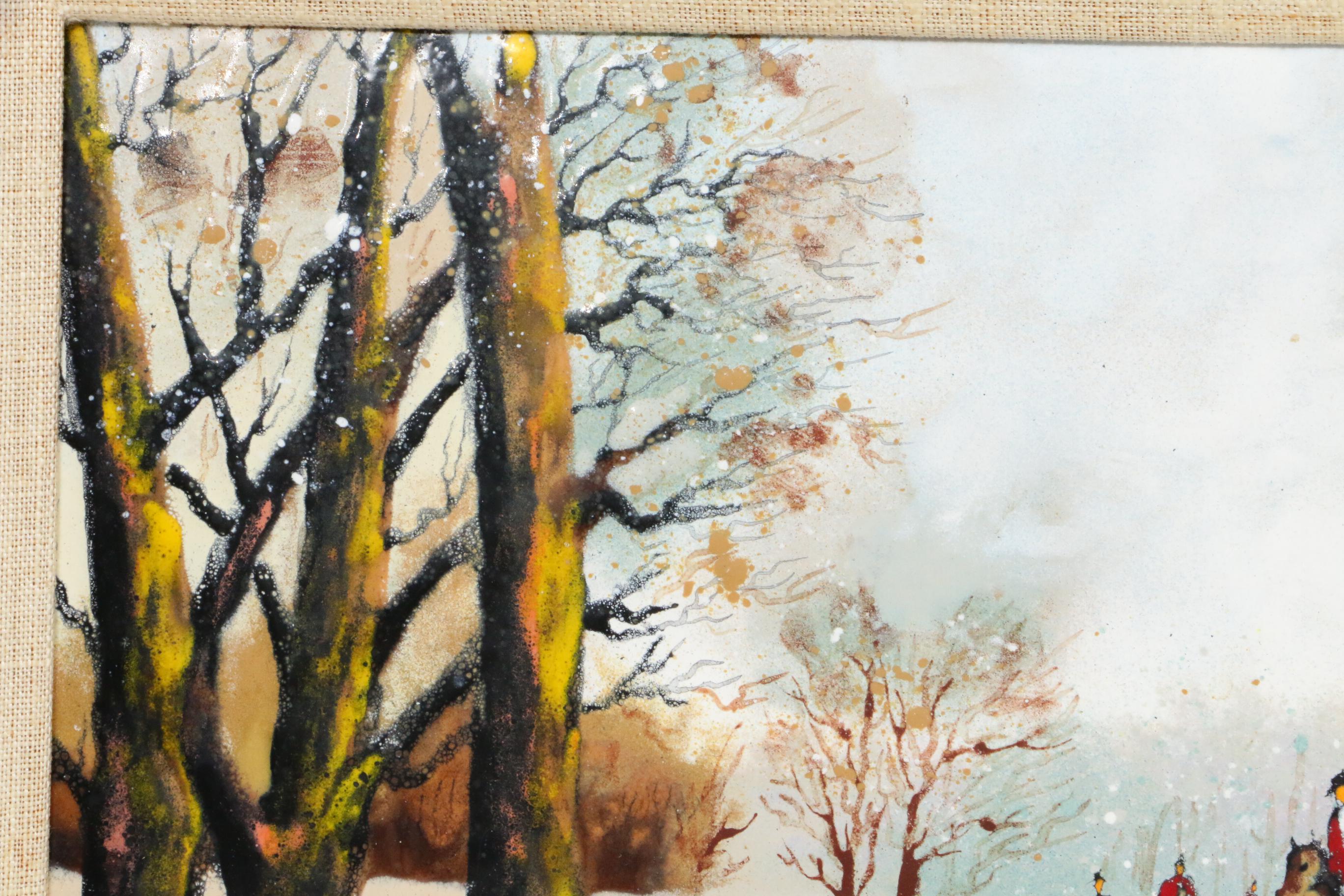 Betty Chou Winter Fox Hunt Enamel Painting on Copper, 20th Century