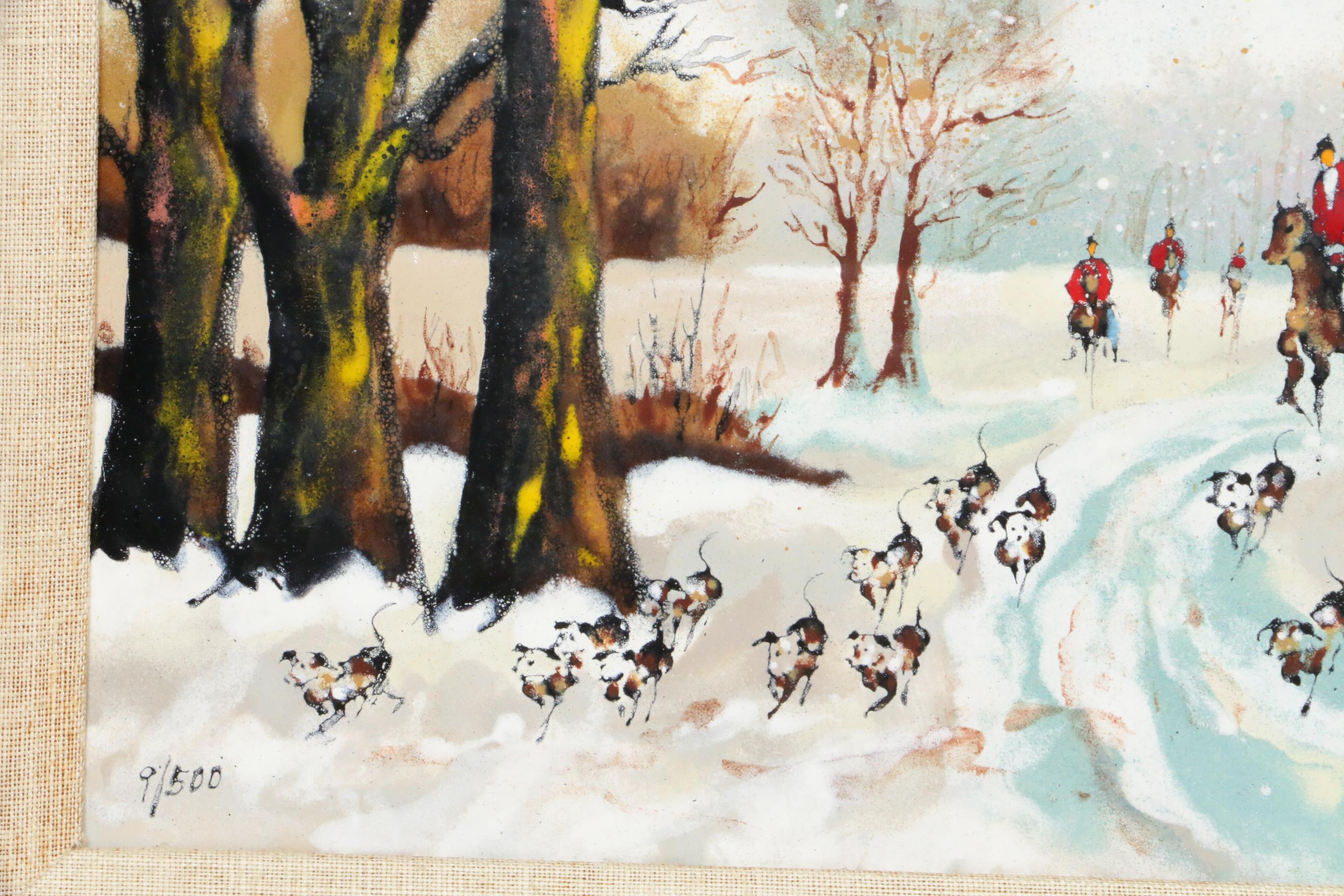 Betty Chou Winter Fox Hunt Enamel Painting on Copper, 20th Century