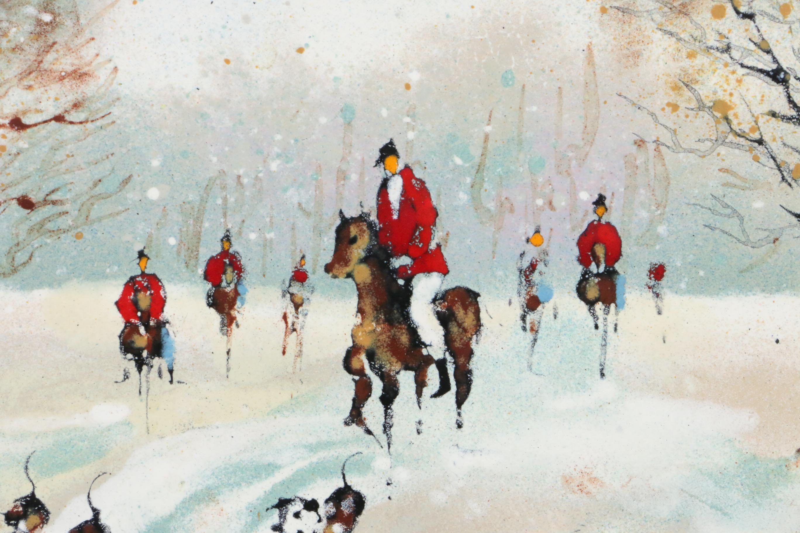 Betty Chou Winter Fox Hunt Enamel Painting on Copper, 20th Century