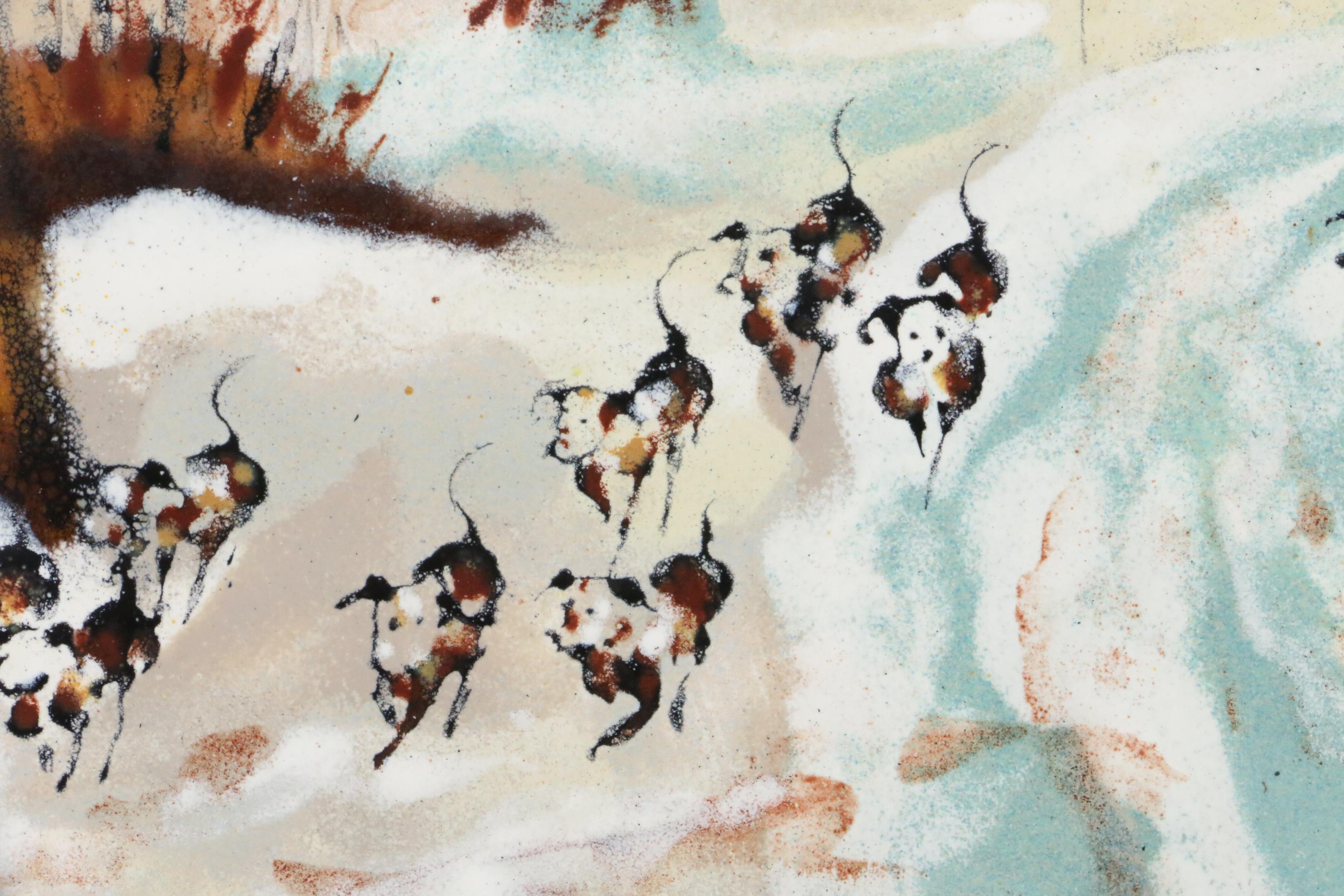Betty Chou Winter Fox Hunt Enamel Painting on Copper, 20th Century
