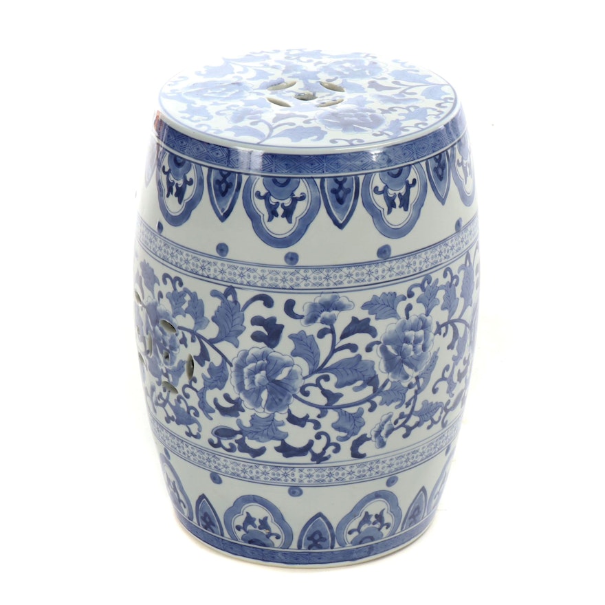 East Asian Blue and White Floral Garden Stool