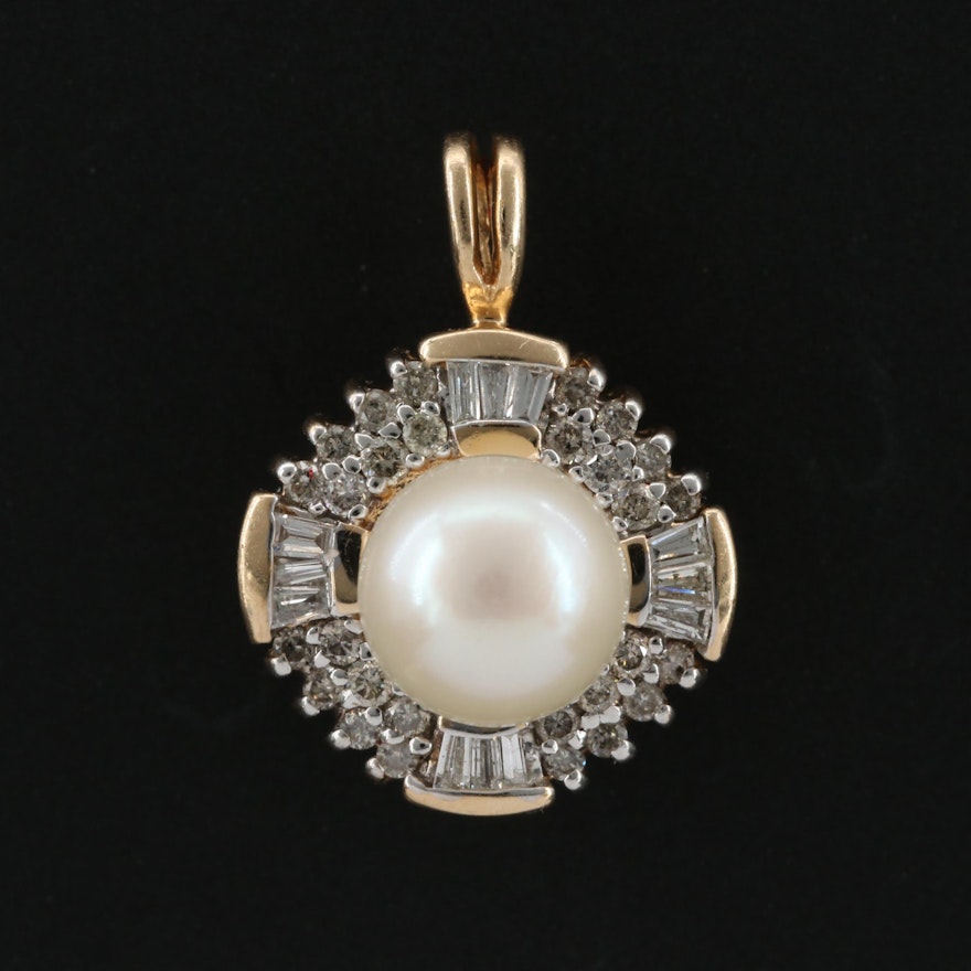 14K Yellow Gold Cultured Pearl and Diamond Pendant