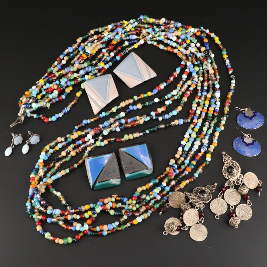 Assorted Earrings and Multi-Strand Necklace Featuring Ceramic Earrings
