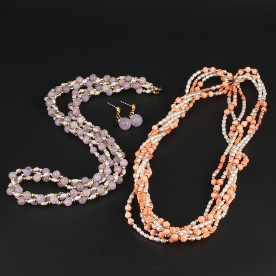 Beaded Necklaces and Drop Earrings Featuring Coral, Agate and Cultured Pearl