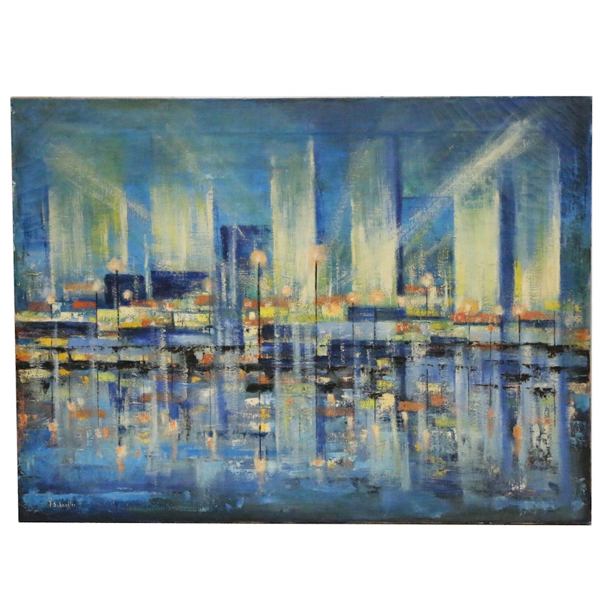 Modernist Cityscape Oil Painting, Mid 20th Century