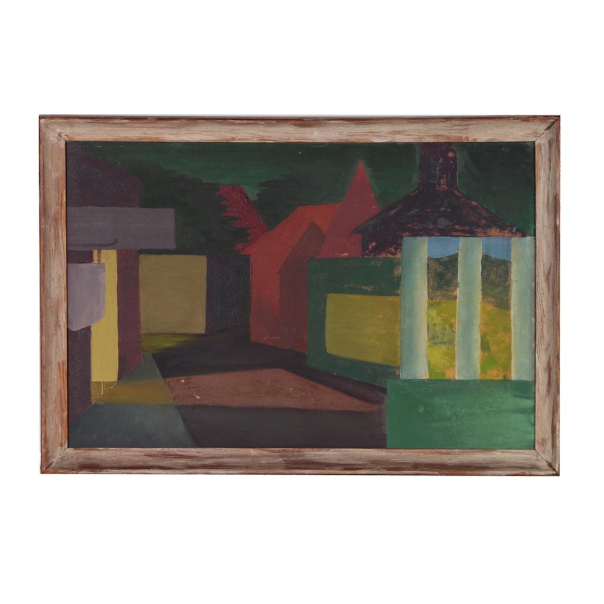 Abstract Architectural Landscape Oil Painting, Mid 20th Century