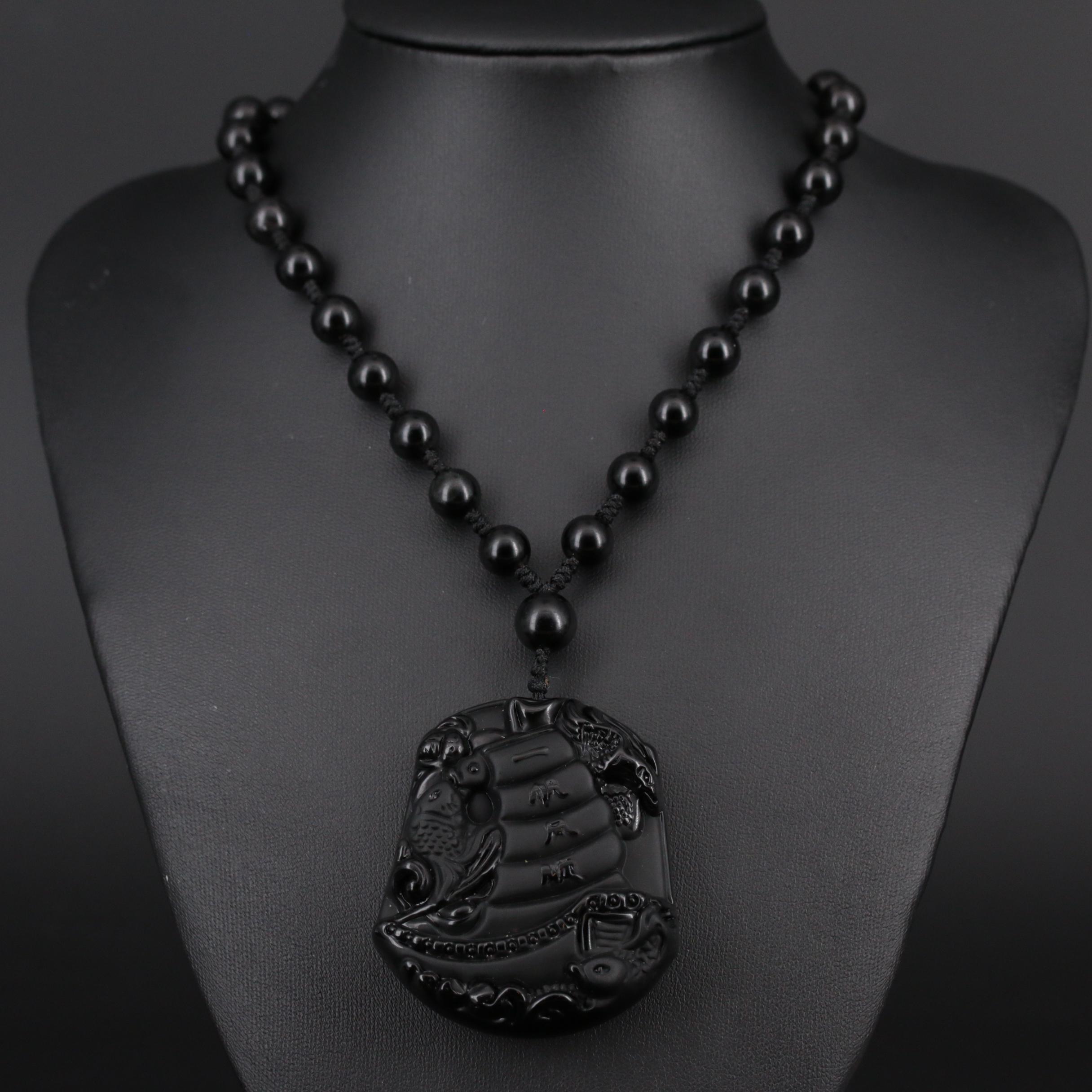 Asian Inspired Carved Obsidian Sailboat Pendant and Beaded Necklace