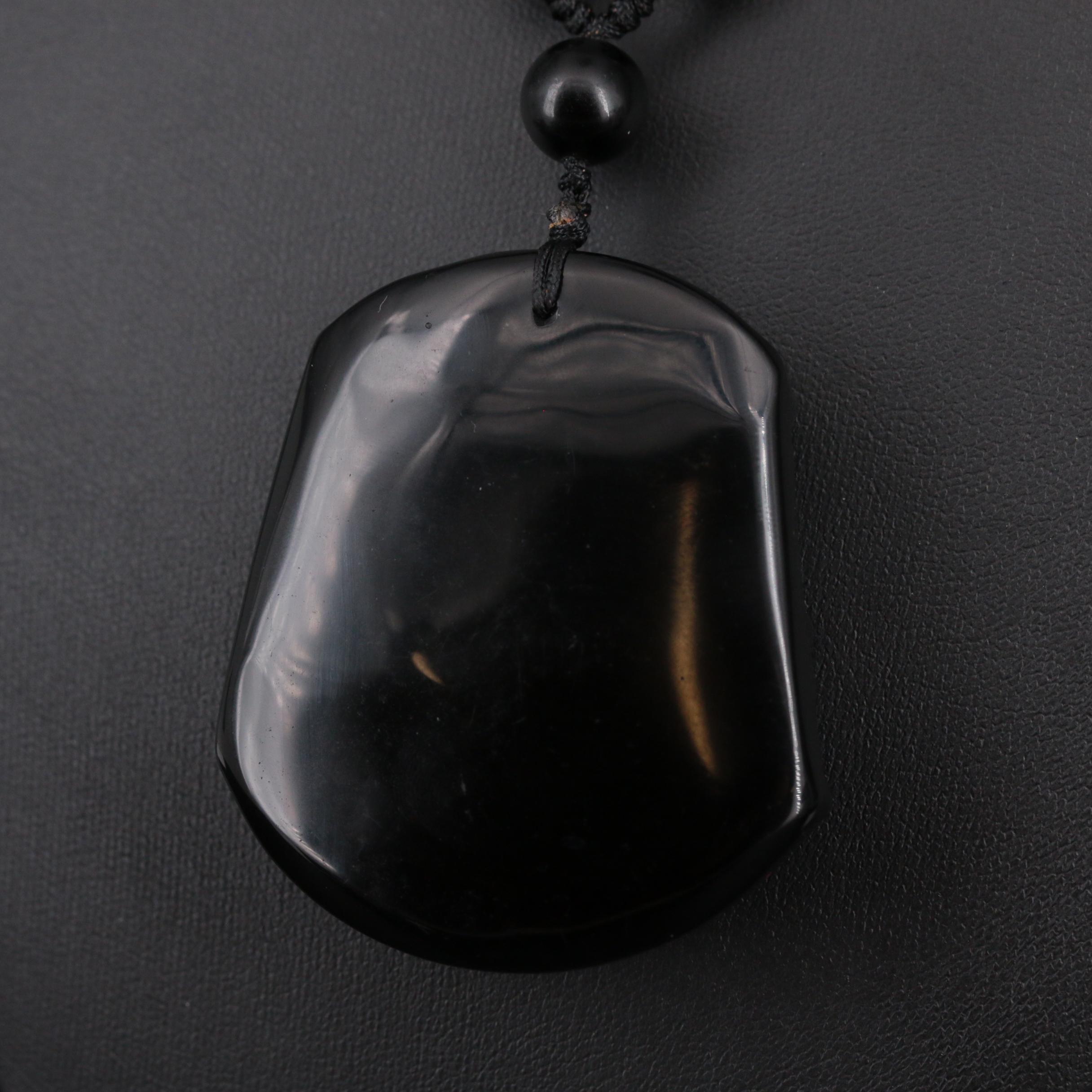 Asian Inspired Carved Obsidian Sailboat Pendant and Beaded Necklace