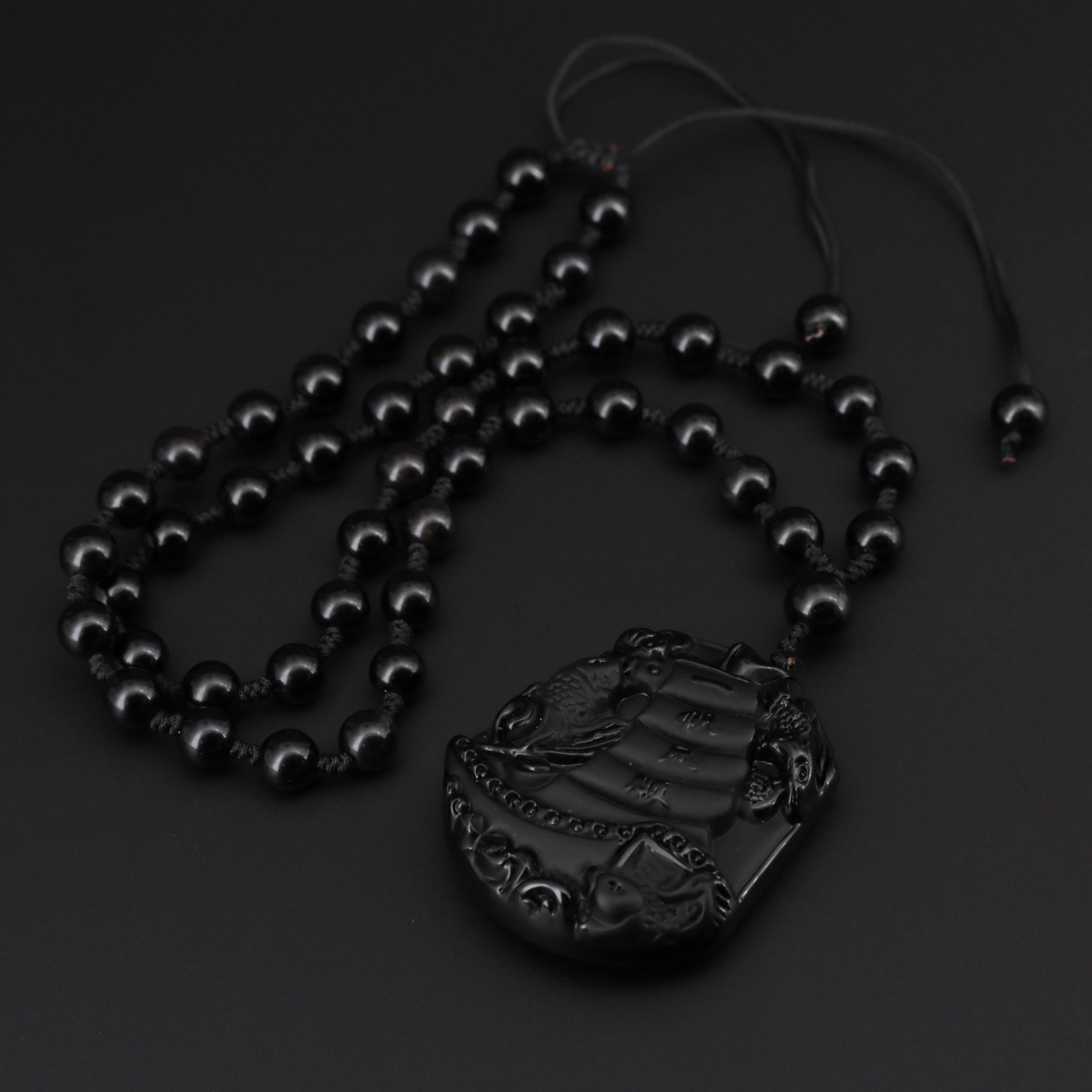 Asian Inspired Carved Obsidian Sailboat Pendant and Beaded Necklace