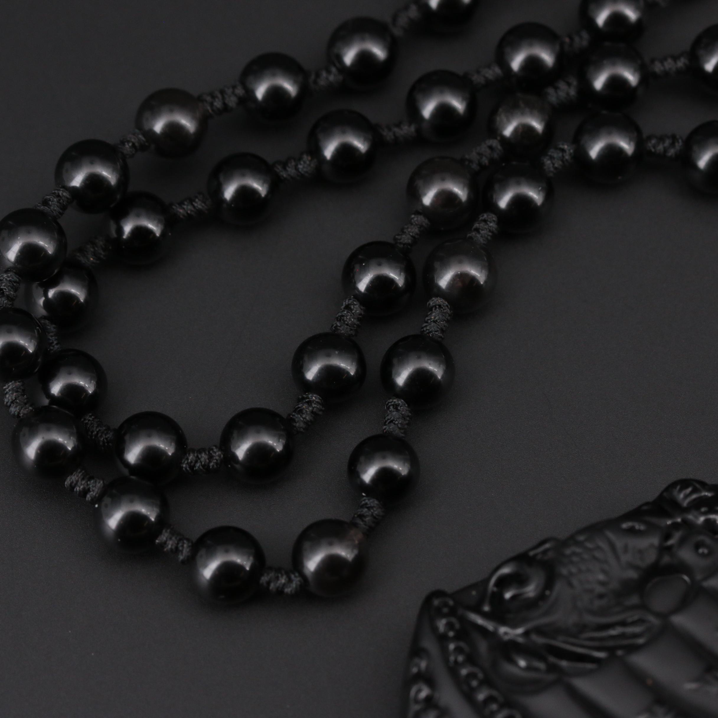 Asian Inspired Carved Obsidian Sailboat Pendant and Beaded Necklace