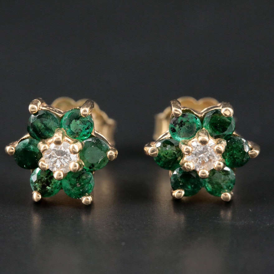 14K Yellow Gold Diamond and Emerald Earrings