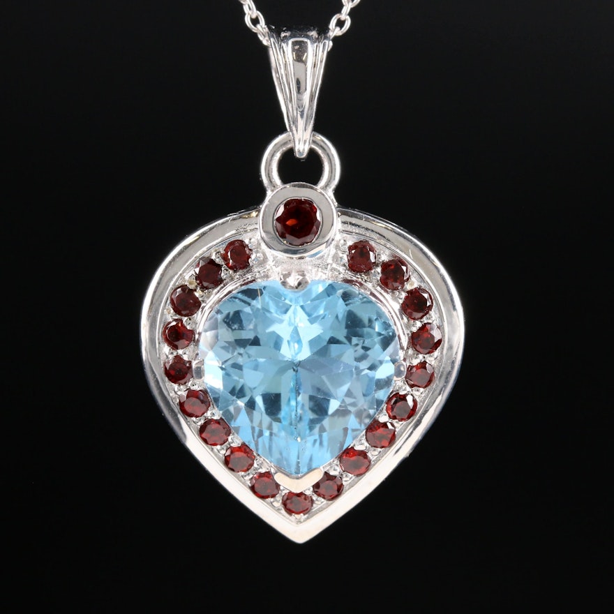 Sterling Silver Blue Topaz and Garnet Pendant Necklace