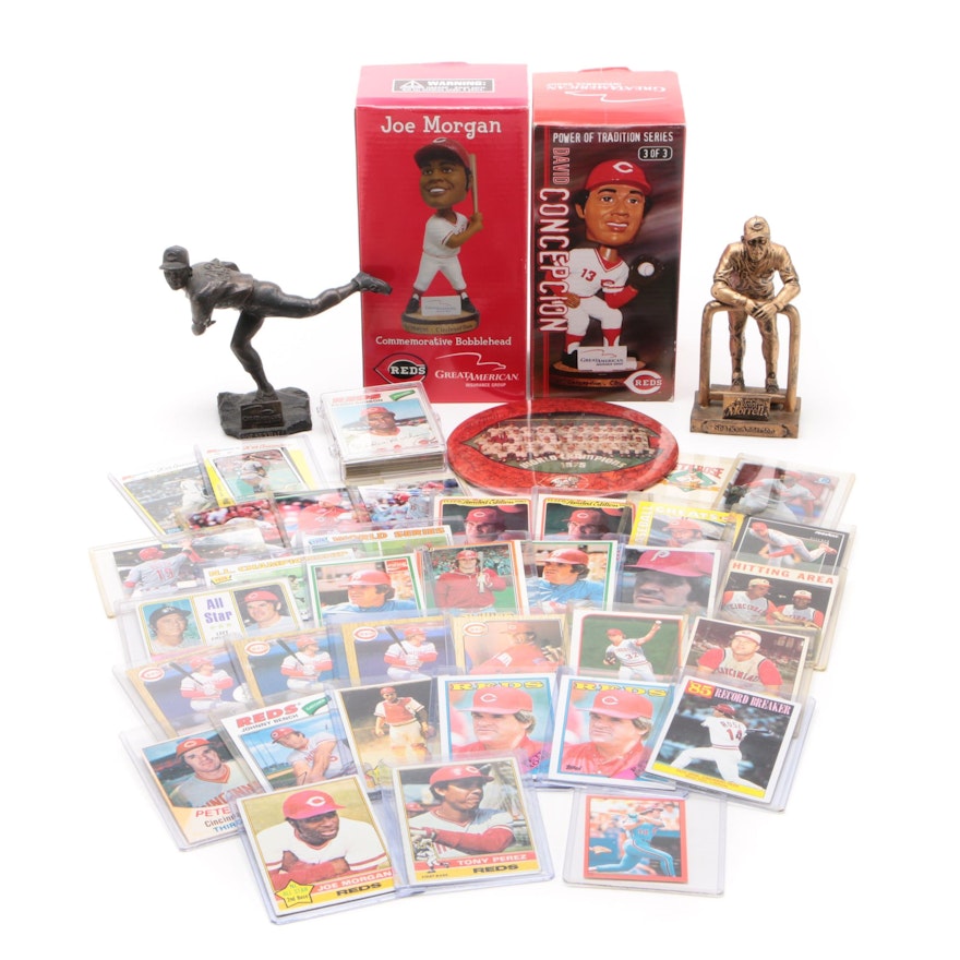 Cincinnati Reds Memorabilia Including Bobbleheads, Statues, and '77 Team Set