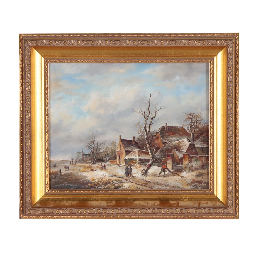 Winter Rural Landscape Oil Painting, 20th Century