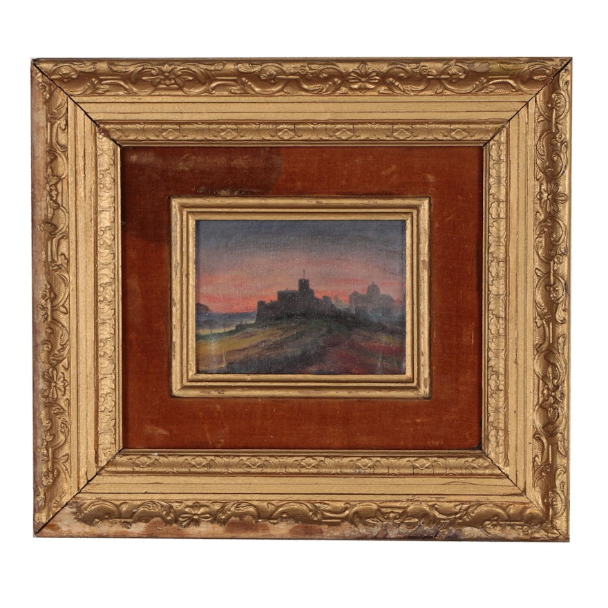 Castle Landscape Oil Painting, 20th Century