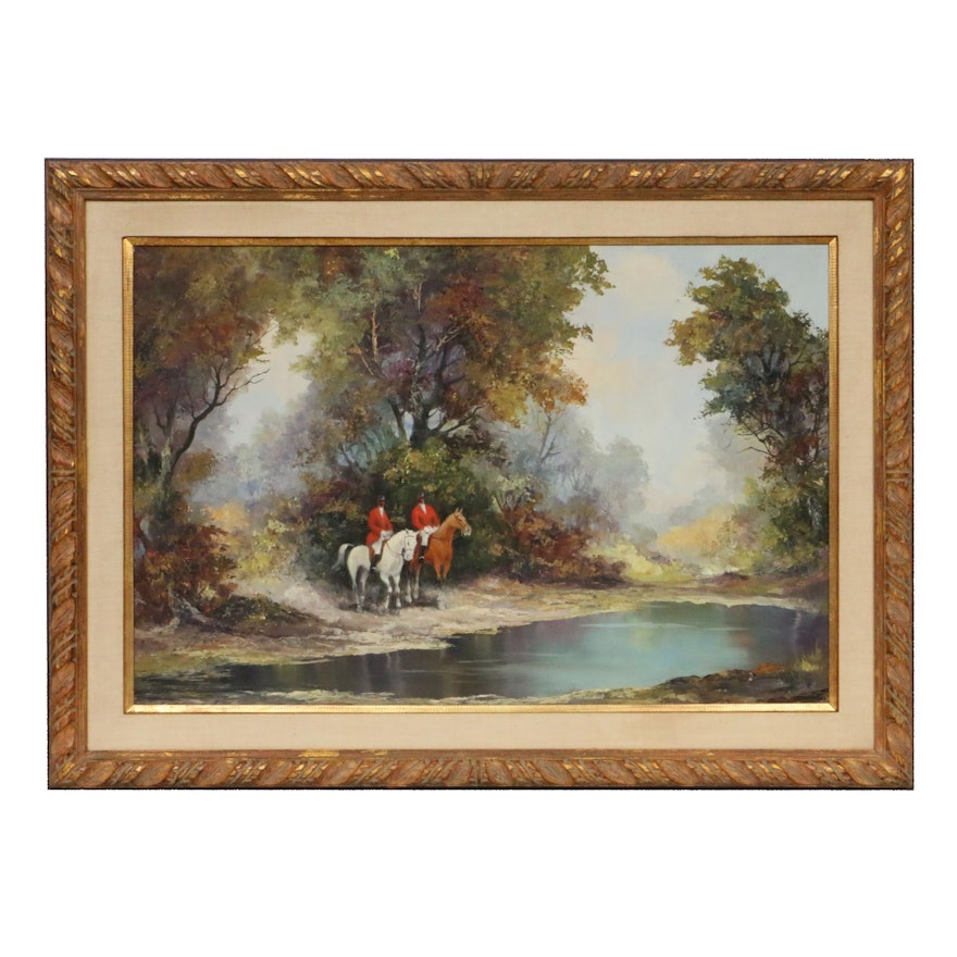 Landscape with Fox Hunters Oil Painting, Mid 20th Century