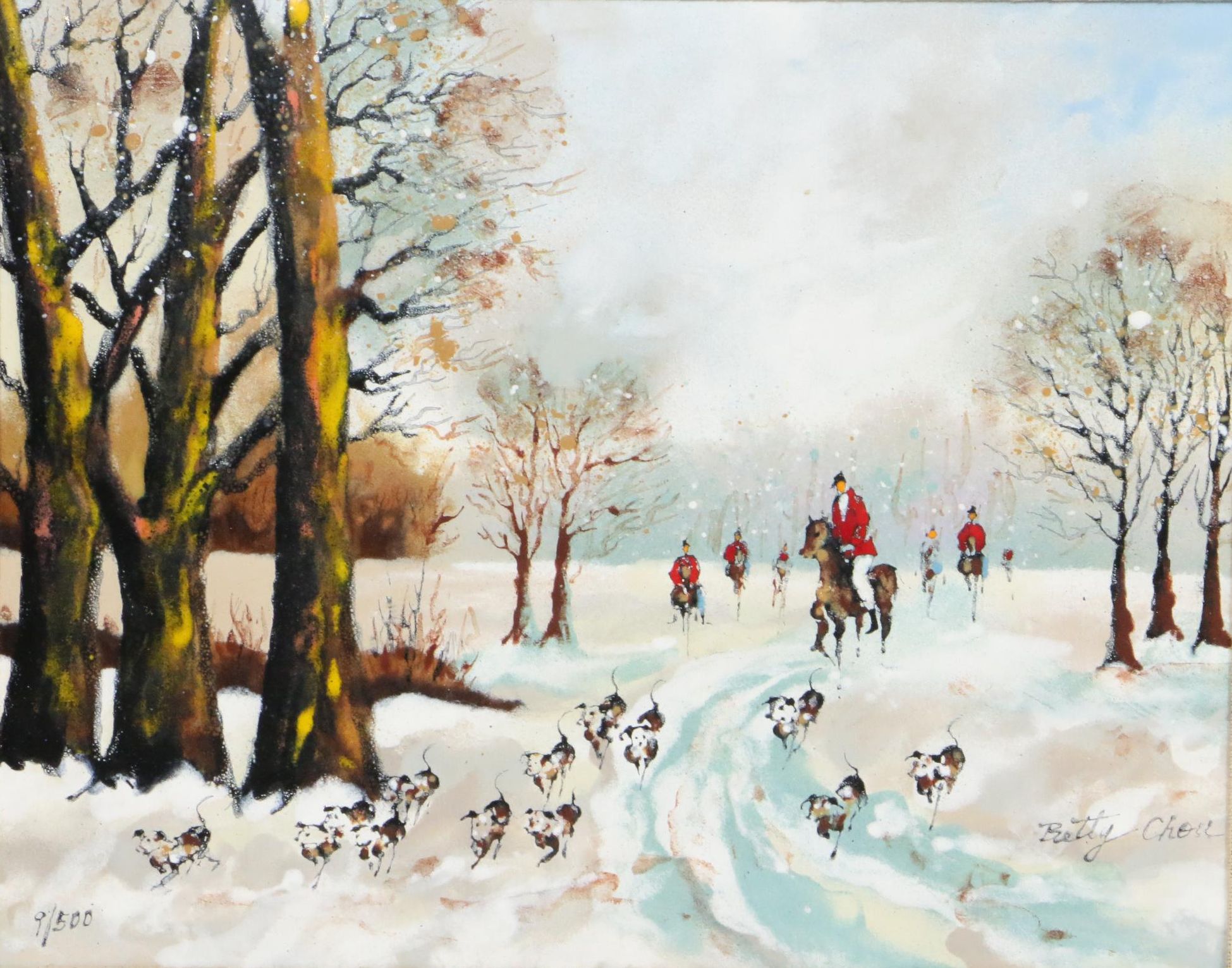 Betty Chou Winter Fox Hunt Enamel Painting on Copper, 20th Century