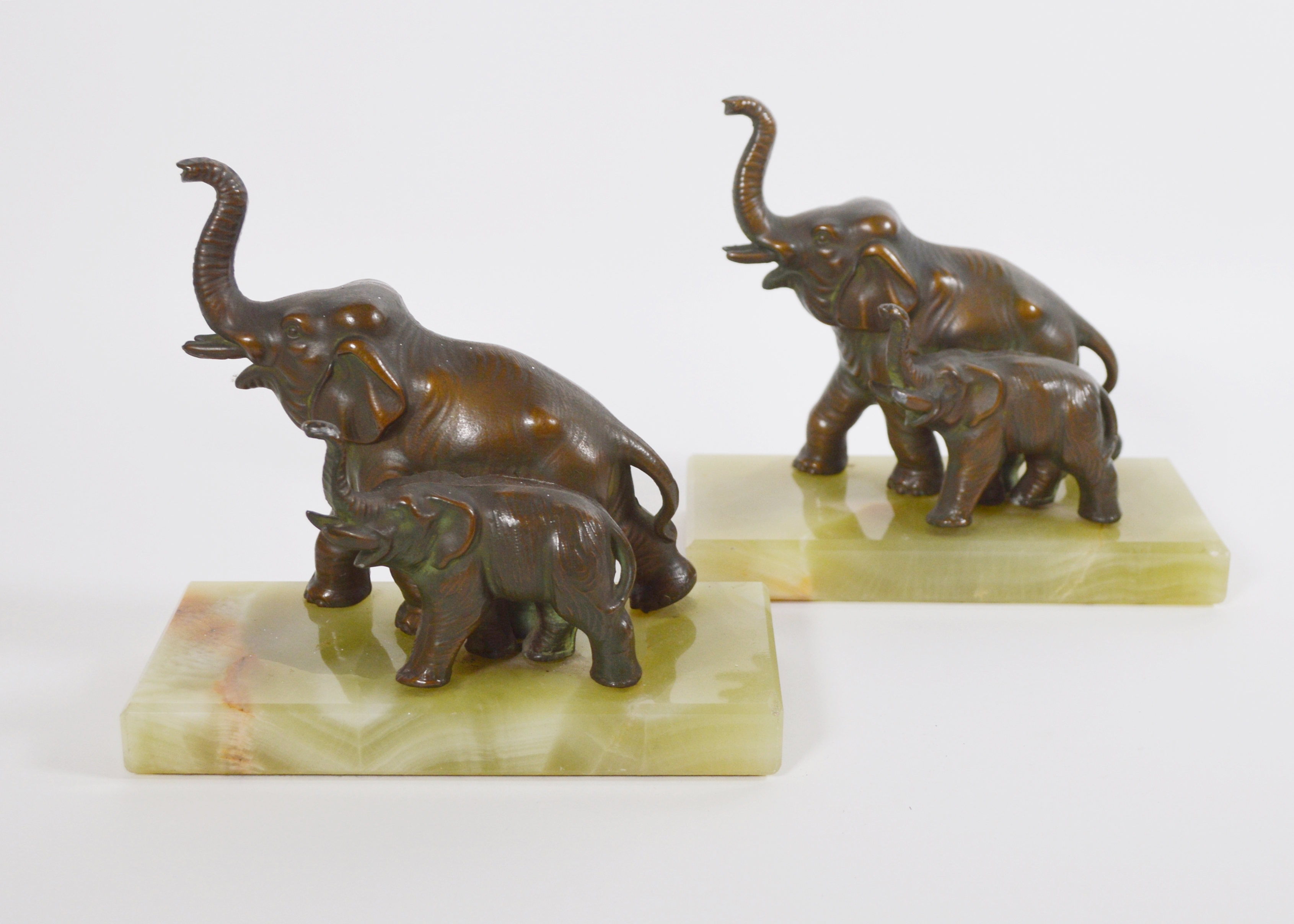 Bronze Elephant and Calf Onyx Bookends